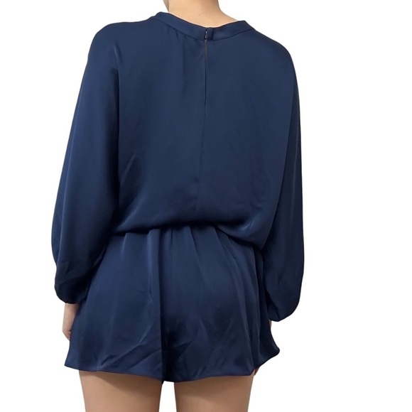Ramy Brook Diane Romper Spring Navy Blue Long Sleeve Satin Chic Size Medium New - Picture 2 of 8